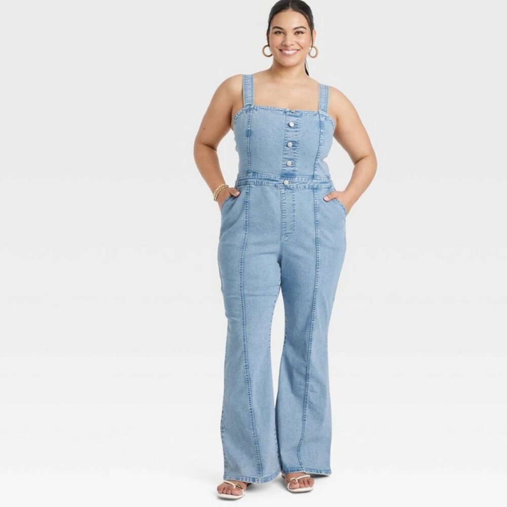 Women’s Ava & Viv Stretchy Light Denim Jumpsuit Bell Bottom like overalls - 18